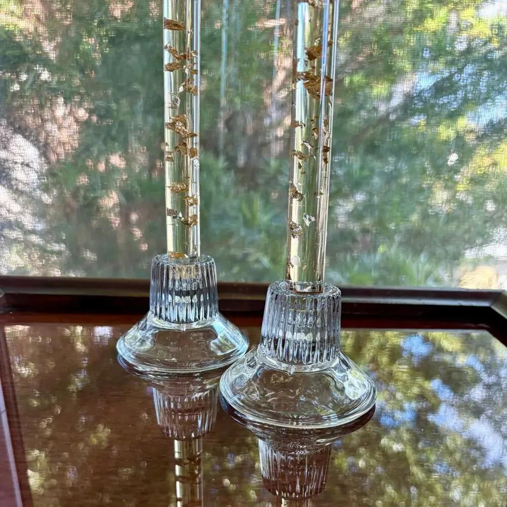 Pair Vintage Clear Glass Candlestick Holders Ribbed Base Mid Century Style